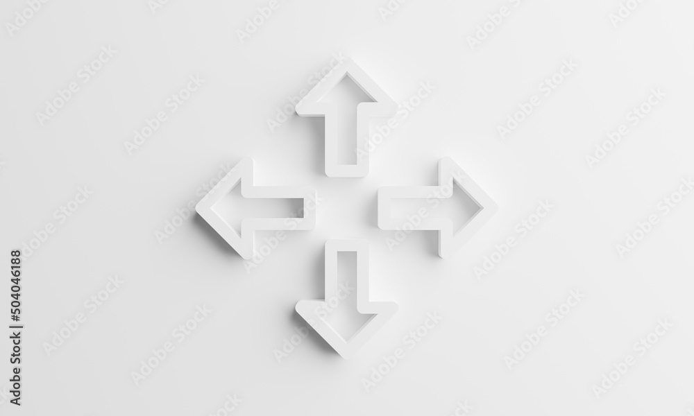 Four white arrow icons move in intersections on a white background,a symbol of the movement,3d illustration. Four white arrow icons move in intersections on a white background,a symbol of the movement,3d illustration.