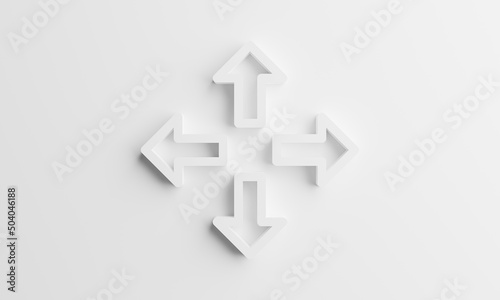 Four white arrow icons move in intersections on a white background a symbol of the movement 3d illustration.
