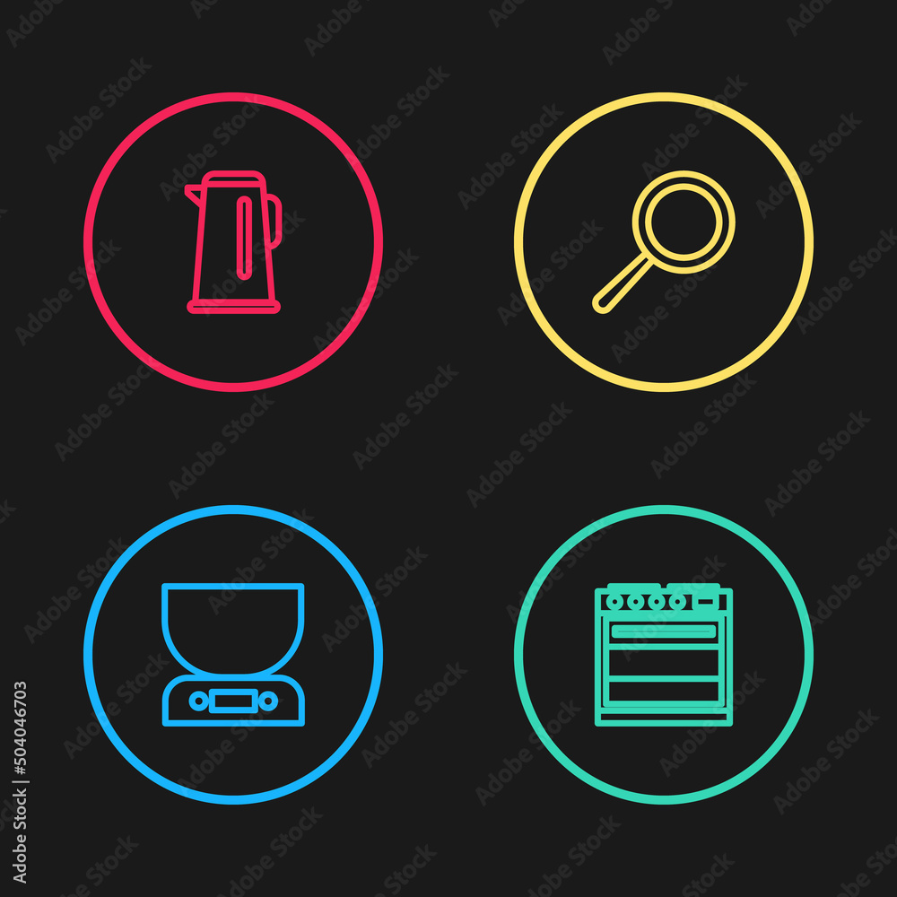 Set line Electronic scales, Oven, Frying pan and Kettle with handle icon. Vector Set line Electronic scales, Oven, Frying pan and Kettle with handle icon. Vector
