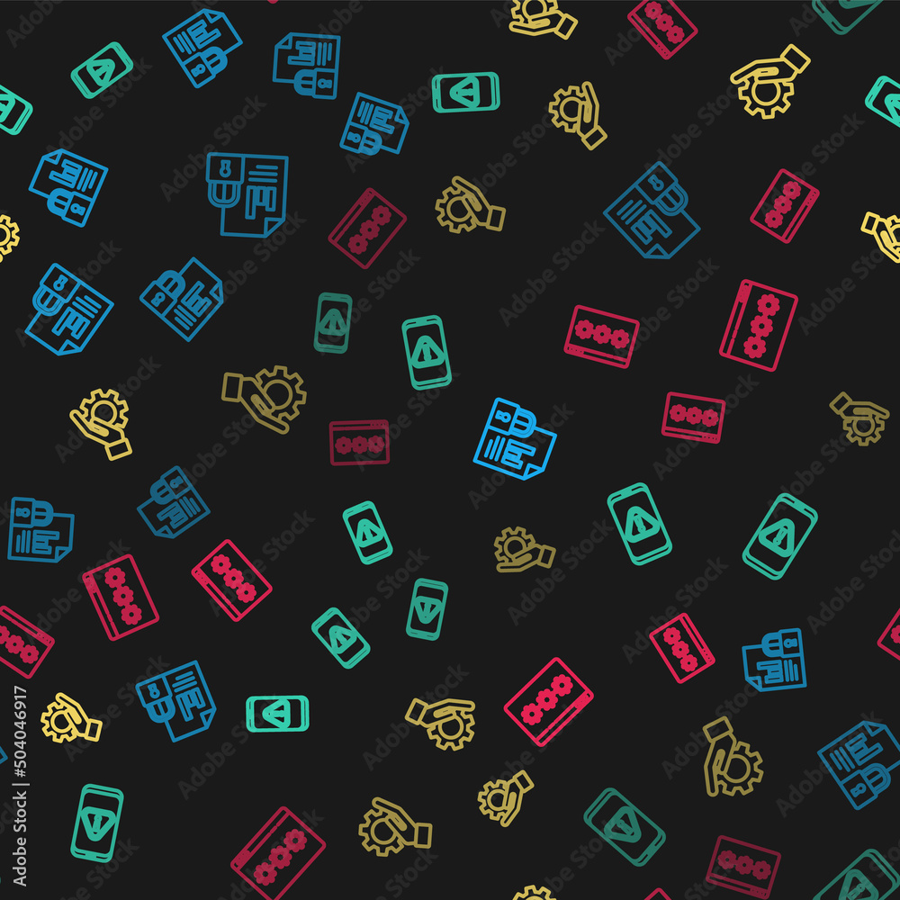 Set line Document and lock, Mobile with exclamation mark, Hand settings gear and Password protection on seamless pattern. Vector Set line Document and lock, Mobile with exclamation mark, Hand settings gear and Password protection on seamless pattern. Vector