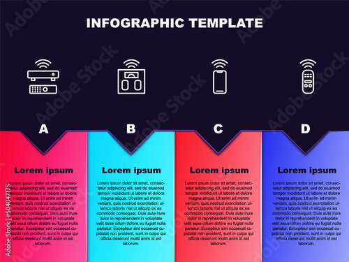 Set line Wireless TV box receiver, Smart bathroom scales, smartphone and remote control. Business infographic template. Vector