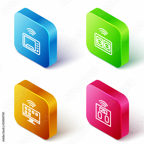 Set Isometric line Smart microwave oven, electrical outlet, Tv system and bathroom scales icon. Vector