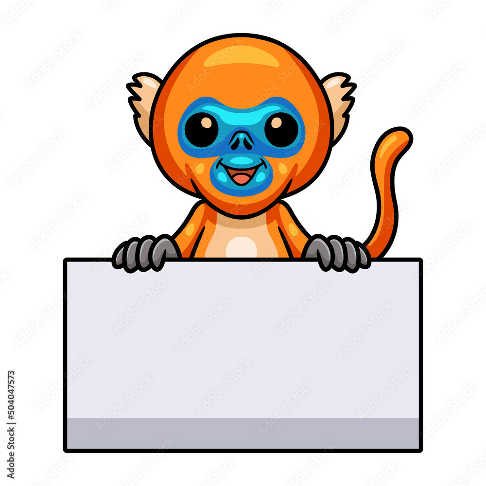 Cute little golden monkey cartoon with blank sign