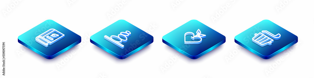 Set Isometric line Medical book, Stack hot stones, Heart and Sauna bucket and ladle icon. Vector Set Isometric line Medical book, Stack hot stones, Heart and Sauna bucket and ladle icon. Vector