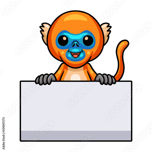Cute little golden monkey cartoon with blank sign