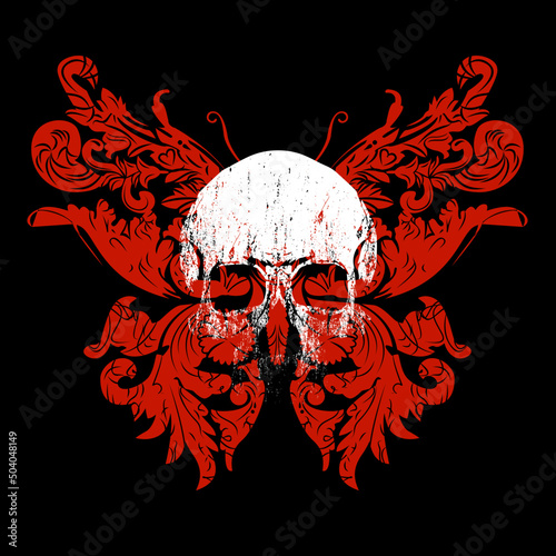 T-shirt design of a skull and a red butterfly isolated on black
