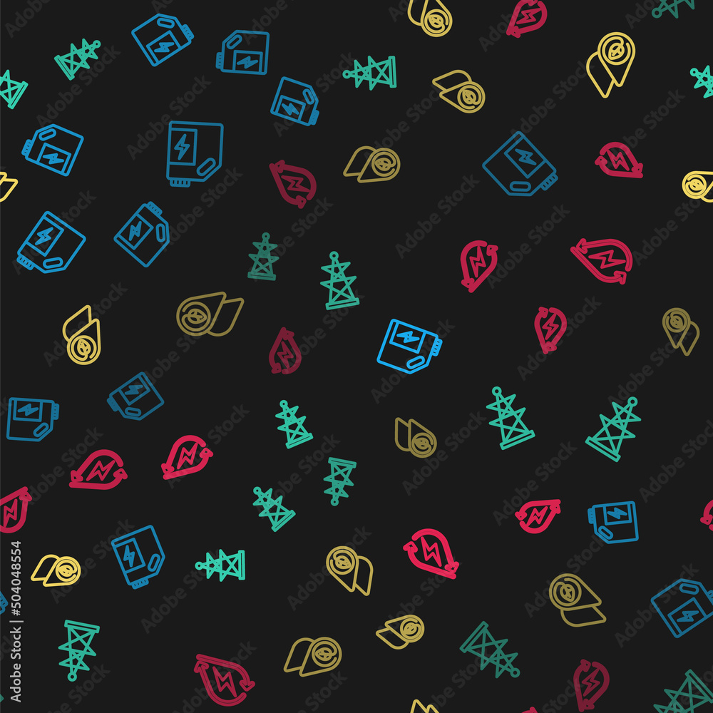 Obraz premium Set line Eco fuel canister, Electric tower, Water energy and on seamless pattern. Vector