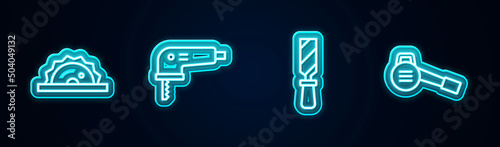 Set line Electric circular saw, jigsaw, Rasp metal file and Leaf garden blower. Glowing neon icon. Vector