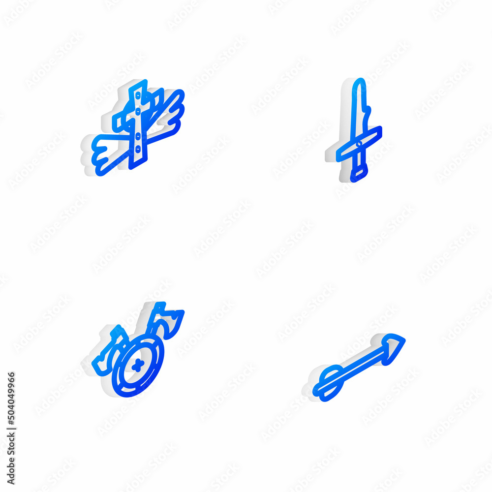 Set Isometric line Dagger, Christian cross, Medieval shield with axe and Arrow icon. Vector Set Isometric line Dagger, Christian cross, Medieval shield with axe and Arrow icon. Vector