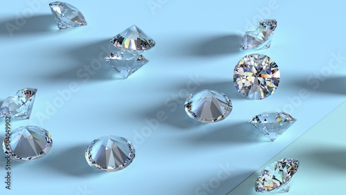 Shiny Diamonds on sky blue-green surface background. Concept image of luxury living  expensive things and high added value. 3D CG. High resolution.