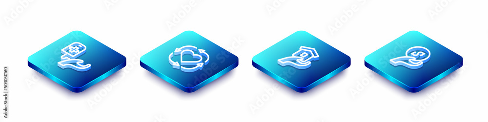 Set Isometric line Blood donation, Volunteer, Shelter for homeless and Donation and charity icon. Vector Set Isometric line Blood donation, Volunteer, Shelter for homeless and Donation and charity icon. Vector