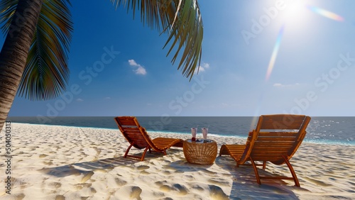 Beautiful tropical beach and sea with 2 chair relax on blue sky. 3D rendering