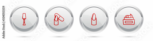 Set line Nail polish, file, manicure and Bottle of nail. Silver circle button. Vector