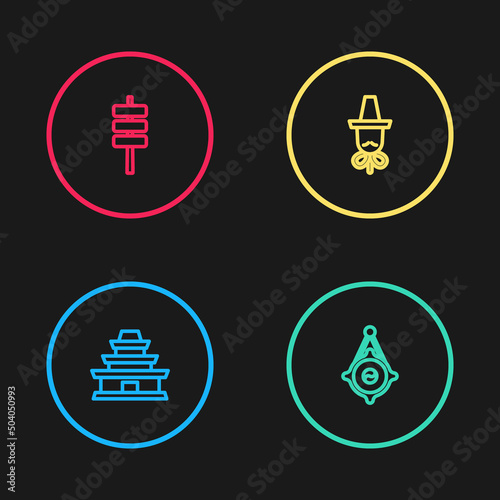Set line Korean temple, lantern, hat and food tokpokki icon. Vector