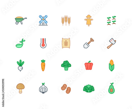 Collection of agriculture and harvest color icons. Set of vegetable, farming, leaf symbols drawn with thin contour lines. Vector illustration.