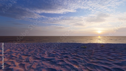 sunset beach sand. Illustration. 3D redering