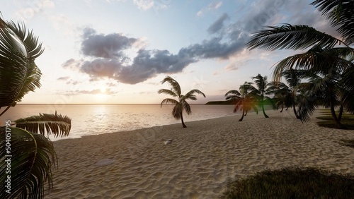 Sunset beach scene  summer background. 3D rendering