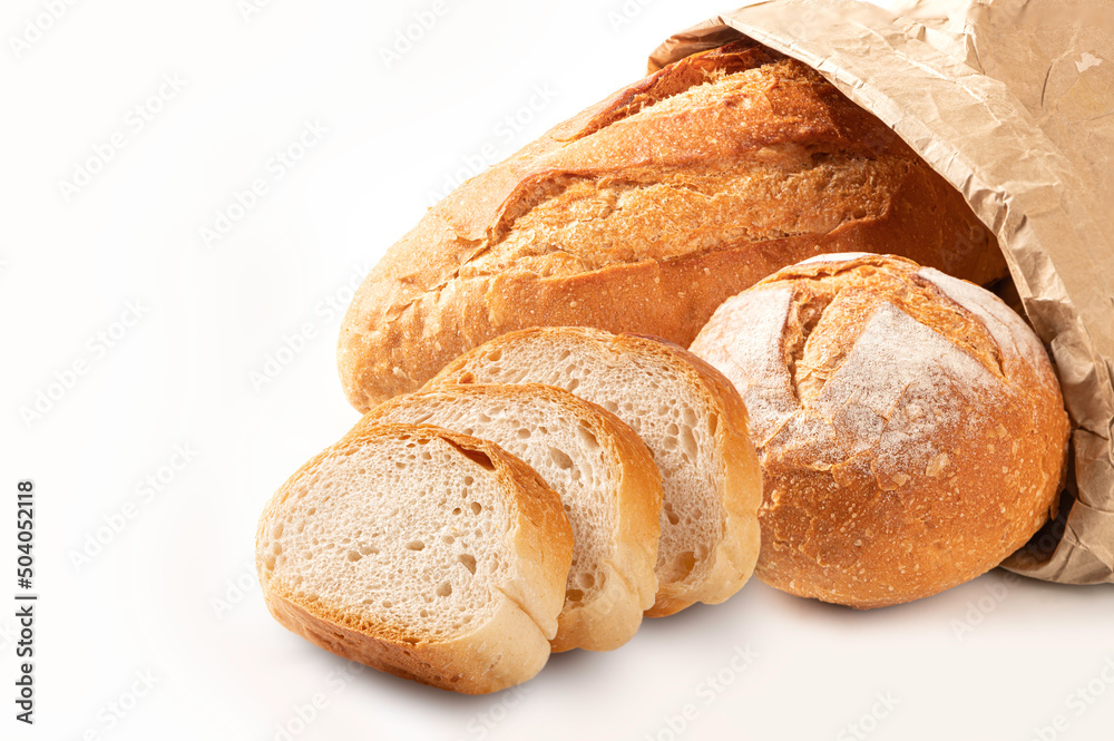 Bread with sliced bread on white background.