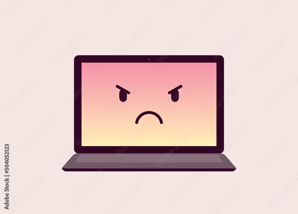 Laptop Screen With Angry Face Emoji. Concept Of Job Dissatisfaction. Isolated, Flat Design, Cartoon. Laptop Screen With Angry Face Emoji. Concept Of Job Dissatisfaction. Isolated, Flat Design, Cartoon.