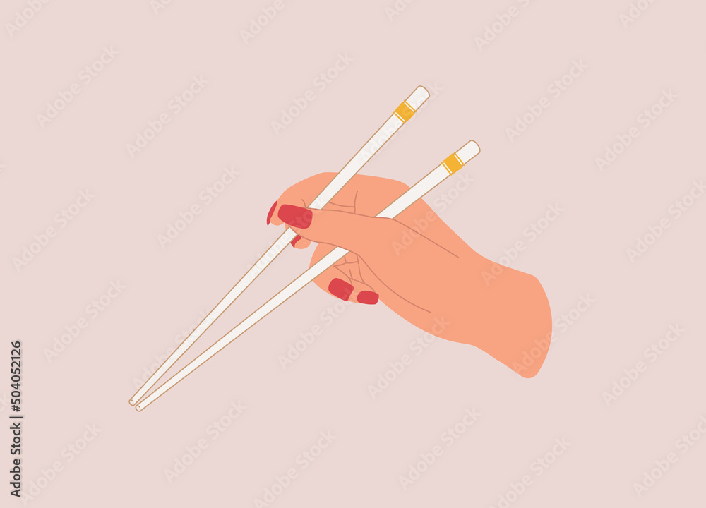 Female’s Hand With Red Color Nail Polish Holding A Pair Of White Color Chopsticks With Gold Plated On Top. Close-Up. Flat Design, Character, Cartoon.