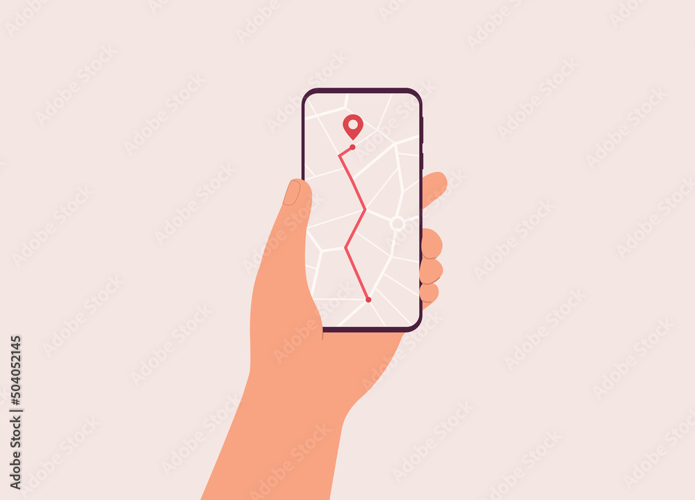 Male’s Hand Holding Mobile Phone With GPS Navigation App Showing Red ...
