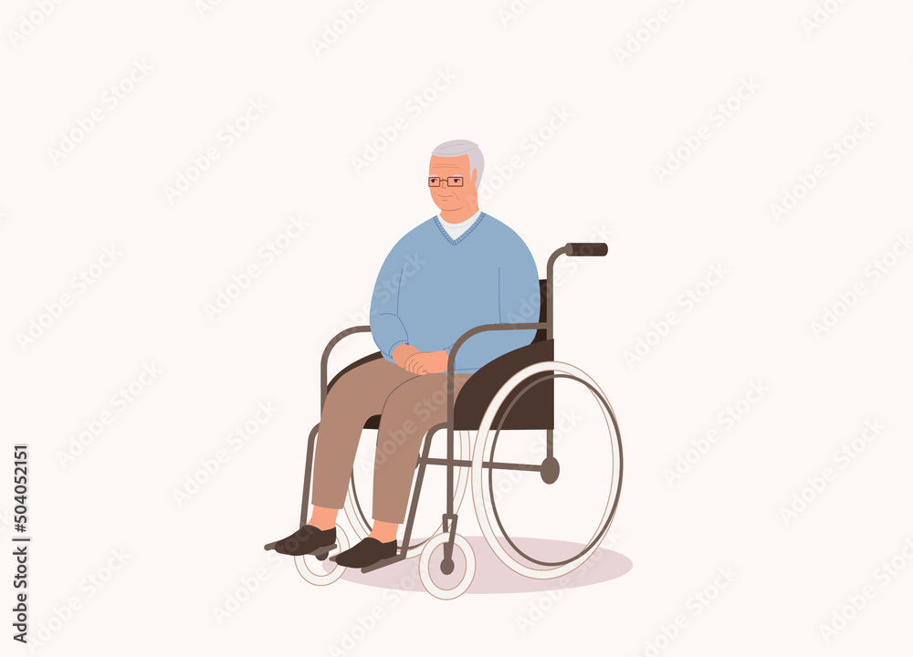 One Smiling Senior Man In Blue Sweater And Brown Pants Sitting In A Wheelchair. Full Length. Flat Design, Character, Cartoon. One Smiling Senior Man In Blue Sweater And Brown Pants Sitting In A Wheelchair. Full Length. Flat Design, Character, Cartoon.
