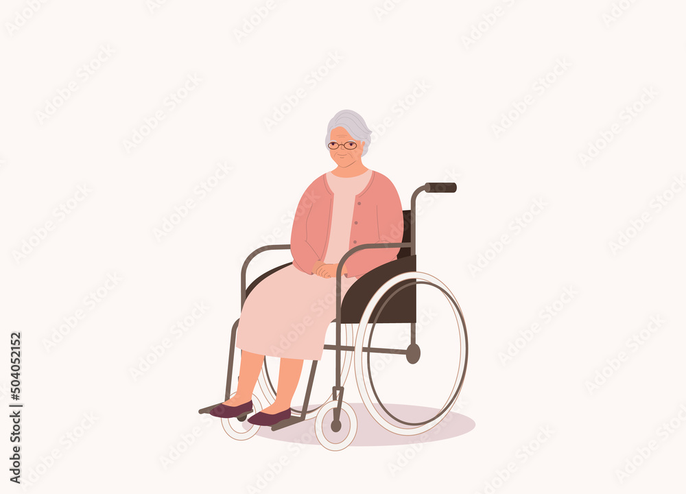 One Smiling Senior Woman In Pink Cardigan And Dress Sitting In A Wheelchair. Full Length. Flat Design, Character, Cartoon. One Smiling Senior Woman In Pink Cardigan And Dress Sitting In A Wheelchair. Full Length. Flat Design, Character, Cartoon.