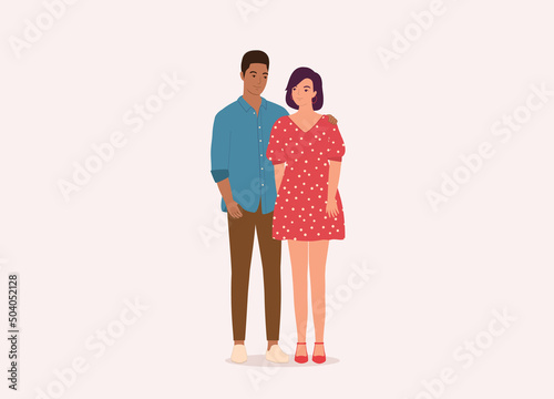 Portrait Of Mixed Race Young Couple With Black Man And White Woman Smiling And With Arms Around. Full Length. Flat Design, Character, Cartoon.