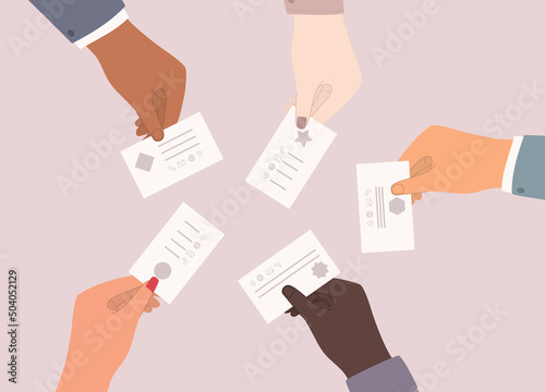 Diverse Group Of Male And Female Business Person’s Hand Exchanging Name Card. Close-Up. Flat Design, Character, Cartoon.