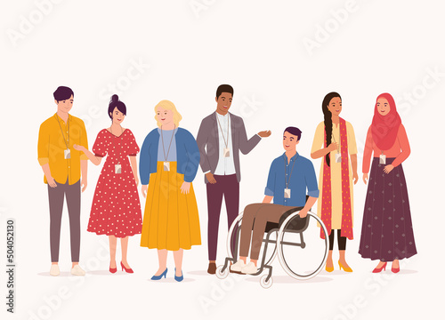Diverse Group Of Young Participants Having Breakout Session During A Leadership Conference. Full Length. Flat Design, Character, Cartoon.