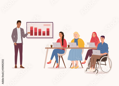 Diverse Group Of Young Employee Having Corporate Meeting With Black Manager. Full Length. Flat Design, Character, Cartoon.