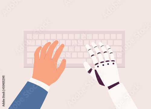 One Businessman With Bionic Arm Typing On Bluetooth Computer Keyboard. Close-Up. Flat Design, Character, Cartoon.