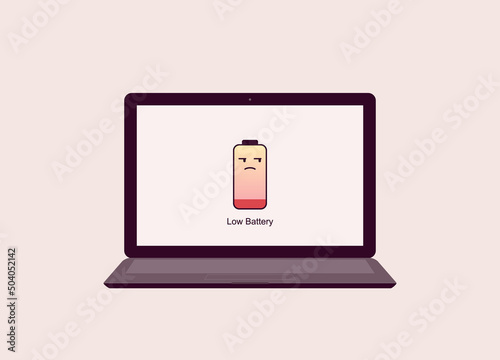 Laptop With Unamused Face Battery Emoji On Monitor Screen. Concept Of Annoying Low Battery Warning. Isolated, Flat Design, Cartoon.