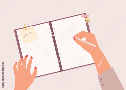Businesswoman’s Hand With Pen Writing On A Empty Space Notebook With Hardcover Ring Binder. Close-Up. Flat Design, Character, Cartoon.
