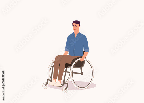 One Smiling Young Man In Blue Shirt And Brown Pants Sitting In A Wheelchair. Full Length. Flat Design, Character, Cartoon.