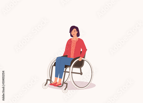 One Smiling Young Woman In Red Cardigan And Long Pants Sitting In A Wheelchair. Full Length. Flat Design, Character, Cartoon.