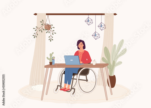 One Smiling Young Woman Sitting In A Wheelchair Working Remotely With Her Laptop At Her Cozy Home. Full Length. Flat Design, Character, Cartoon.