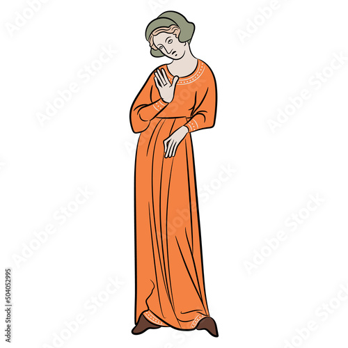 Standing medieval Gothic woman in long dress. Isolated vector illustration. Illuminated manuscript motif.
