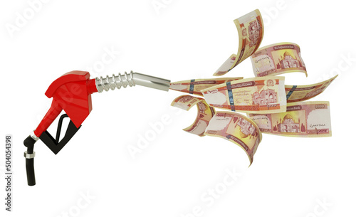 3d rendering of Afghan Afghani notes coming out from fuel pump. red fuel nozzle with Afghani flying around photo