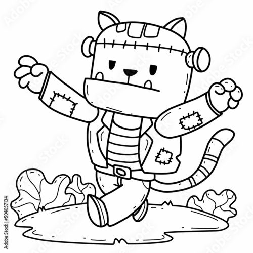 cartoon cat frankenstein coloring book. Isolated on white background.