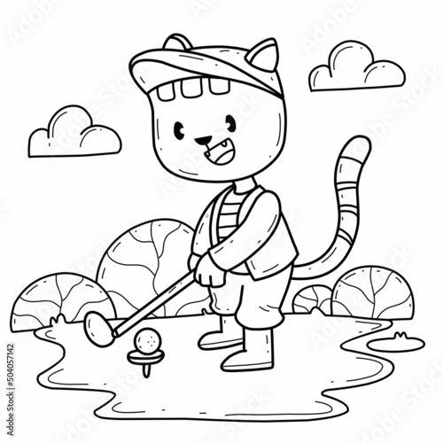 cartoon cat golf coloring book. Isolated on white background. © aka vector