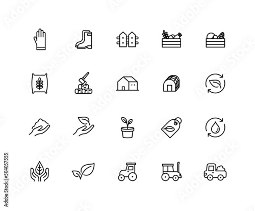 Collection of agriculture linear icons. Set of vegetable, harvest, farming symbols drawn with thin contour lines. Vector illustration.