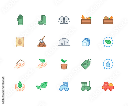Collection of agriculture color icons. Set of vegetable, harvest, farming symbols drawn with thin contour lines. Vector illustration.