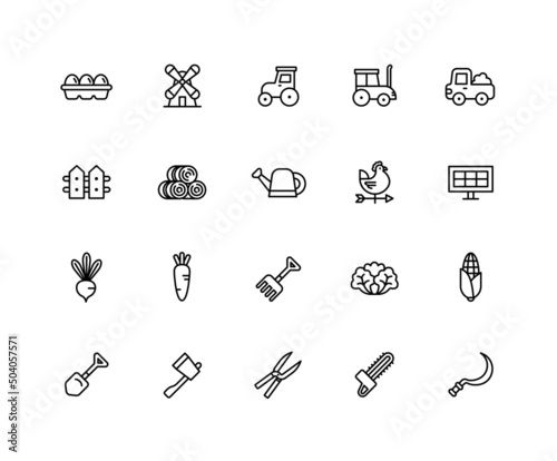 Collection of farming equipment icons. Set of vegetable, harvest symbols drawn with thin contour lines. Vector illustration.