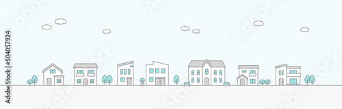 住宅が立ち並ぶ街並みの線画イラスト