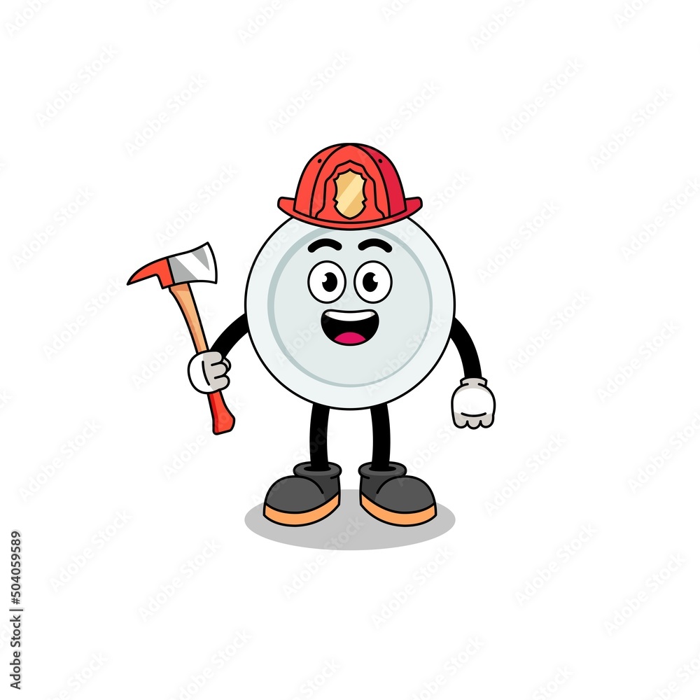 Cartoon mascot of plate firefighter