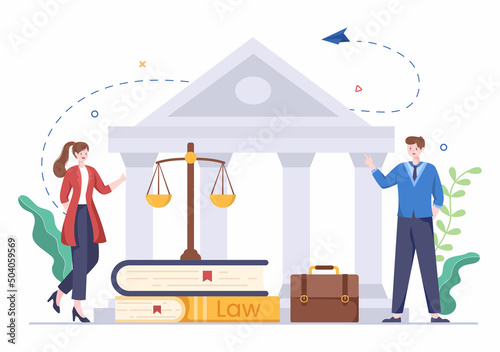 Lawyer, Attorney and Justice with Laws, Scales, Buildings, Book or Wooden Judge Hammer to Consultant in Flat Cartoon Illustration