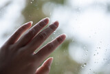 雨粒の窓に置かれた女性の手　Female hands	