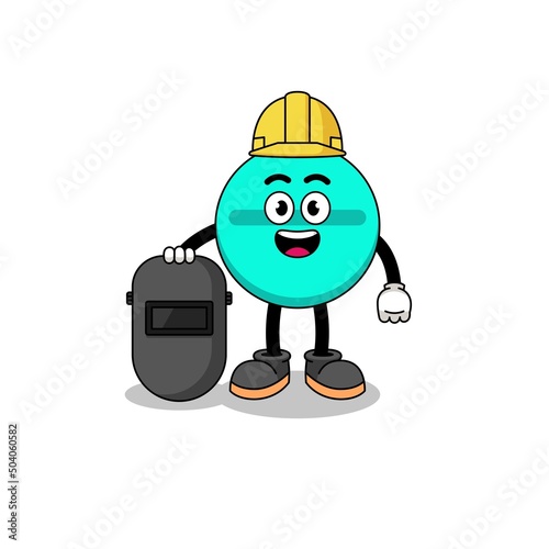 Mascot of medicine tablet as a welder