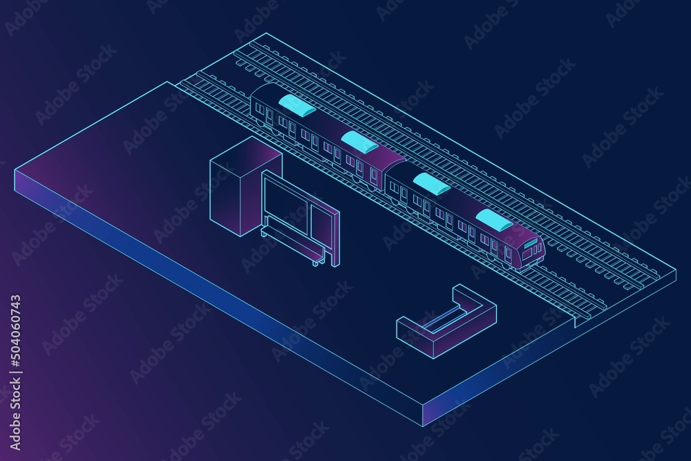 Fototapeta premium 駅に停まる立体的な電車のアイソメトリックイラスト。暗い背景に水色のアウトライン。.